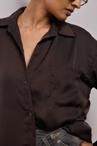 Premium Satin Brown Oversized Shirt - FREYJA GLOBAL - 