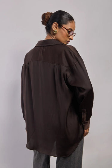 Premium Satin Brown Oversized Shirt - FREYJA GLOBAL - 