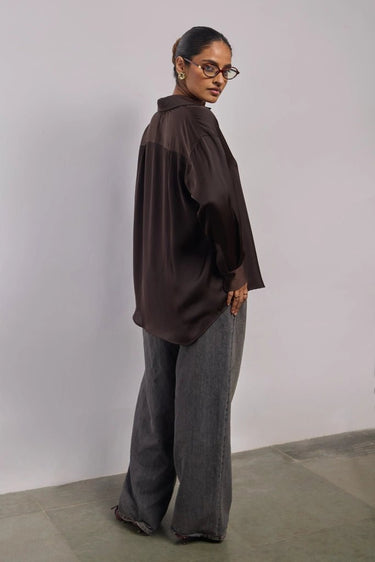 Premium Satin Brown Oversized Shirt - FREYJA GLOBAL - 