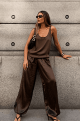 Premium Satin Brown Tank Top - FREYJA GLOBAL - 