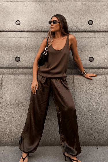 Premium Satin Brown Tank Top - FREYJA GLOBAL - 