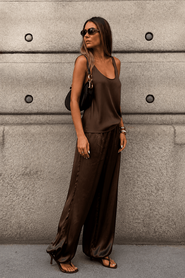 Premium Satin Brown Tank Top - FREYJA GLOBAL - 