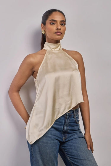 Premium Satin Champagne Asymmetric Top - FREYJA GLOBAL - 