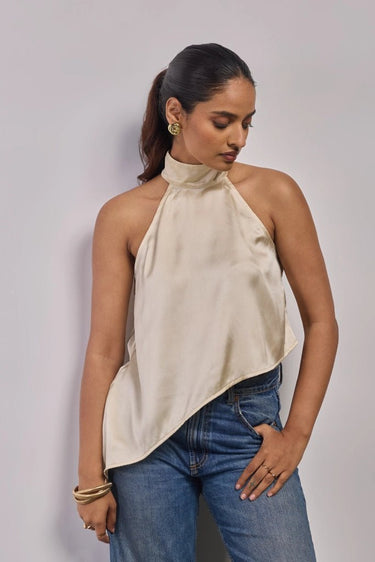 Premium Satin Champagne Asymmetric Top - FREYJA GLOBAL - 