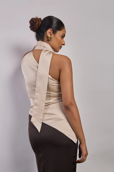 Premium Satin Champagne Asymmetric Top with Satin Scarf - FREYJA GLOBAL - 