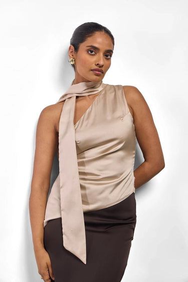 Premium Satin Champagne Asymmetric Top with Satin Scarf - FREYJA GLOBAL - 