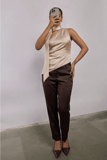 Premium Satin Champagne Asymmetric Top with Satin Scarf - FREYJA GLOBAL - 