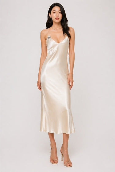 Premium Satin Champagne Midi Dress - FREYJA GLOBAL - 