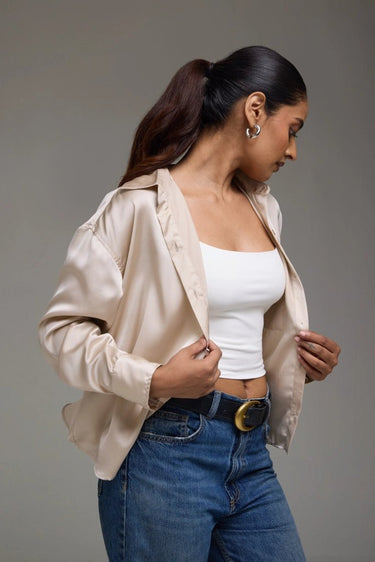 Premium Satin Champagne Oversized Shirt - FREYJA GLOBAL - 