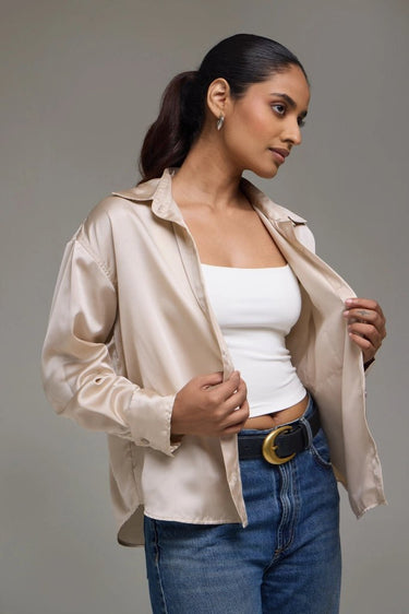 Premium Satin Champagne Oversized Shirt - FREYJA GLOBAL - 