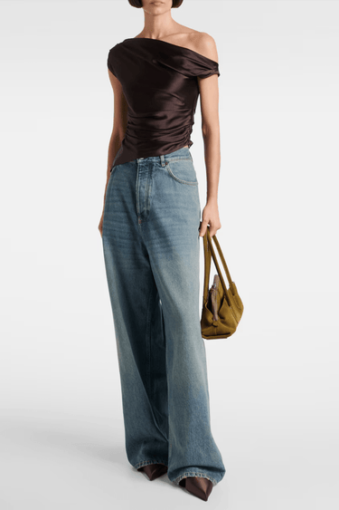 Premium Silk Blend Satin Brown Off - Shoulder Top - FREYJA GLOBAL - 