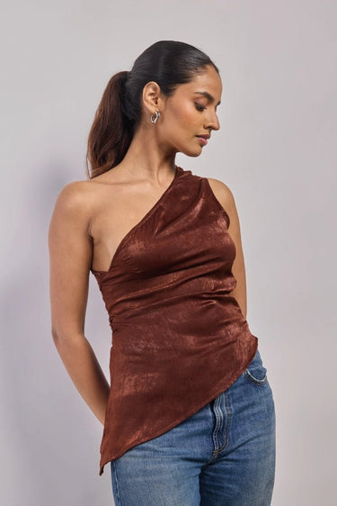 Premium Velvet Texture Brown Asymmetric Top - FREYJA GLOBAL - 