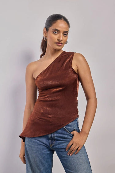 Premium Velvet Texture Brown Asymmetric Top - FREYJA GLOBAL - 