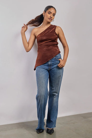 Premium Velvet Texture Brown Asymmetric Top - FREYJA GLOBAL - 