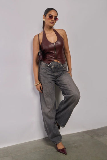 Premium Wine Vegan leather Halter neck top - FREYJA GLOBAL - 