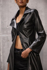 Tailored Black long Faux Leather Coat - FREYJA GLOBAL - 