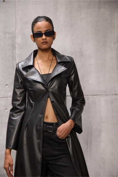 Tailored Black long Faux Leather Coat - FREYJA GLOBAL - 