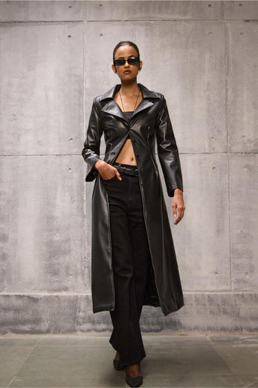 Tailored Black long Faux Leather Coat - FREYJA GLOBAL - 