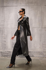 Tailored Black long Faux Leather Coat - FREYJA GLOBAL - 