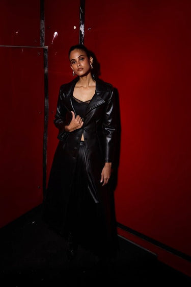 Tailored Black long Vegan Leather Coat - FREYJA GLOBAL - 