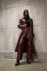 Tailored Wine Long Faux Leather Jacket - FREYJA GLOBAL - 