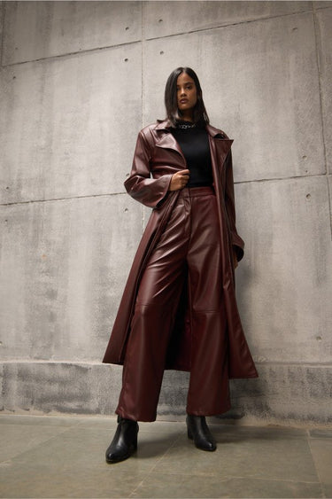 Tailored Wine Long Faux Leather Jacket - FREYJA GLOBAL - 