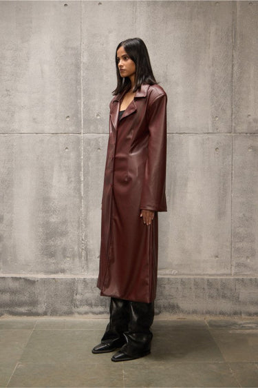 Tailored Wine Long Faux Leather Jacket - FREYJA GLOBAL - 