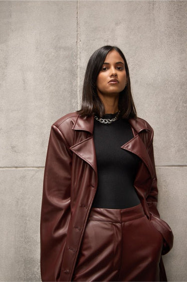 Tailored Wine Long Faux Leather Jacket - FREYJA GLOBAL - 