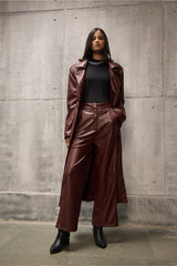Tailored Wine Long Faux Leather Jacket - FREYJA GLOBAL - 