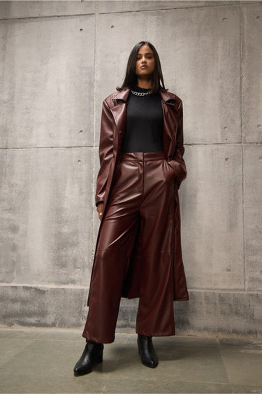 Tailored Wine Long Faux Leather Jacket - FREYJA GLOBAL - 