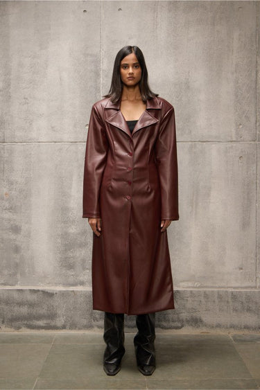 Tailored Wine Long Faux Leather Jacket - FREYJA GLOBAL - 