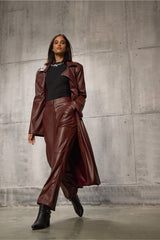 Tailored Wine Long Faux Leather Jacket - FREYJA GLOBAL - 