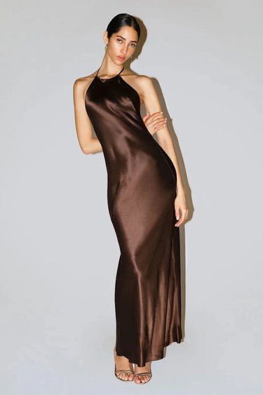 The Royal Affair - Premium Satin Brown Dress Halter Strap - FREYJA GLOBAL - 
