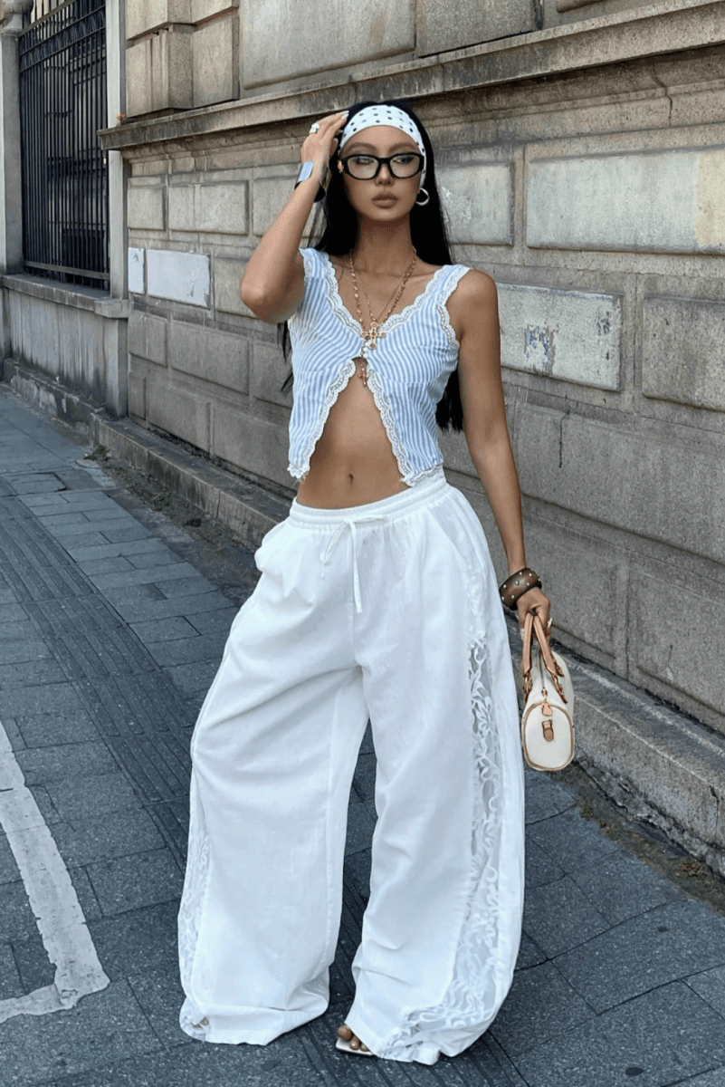 White Linen Blend Baggy Lace Trouser - FREYJA GLOBAL-