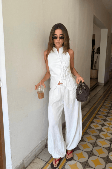 White Linen Blend Balloon Trouser - FREYJA GLOBAL - 