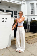 White Linen Blend Drawstring Trouser - FREYJA GLOBAL - 