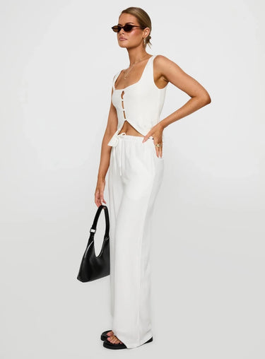 White Linen Blend Drawstring Trouser - FREYJA GLOBAL - 