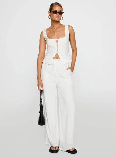 White Linen Blend Drawstring Trouser - FREYJA GLOBAL - 