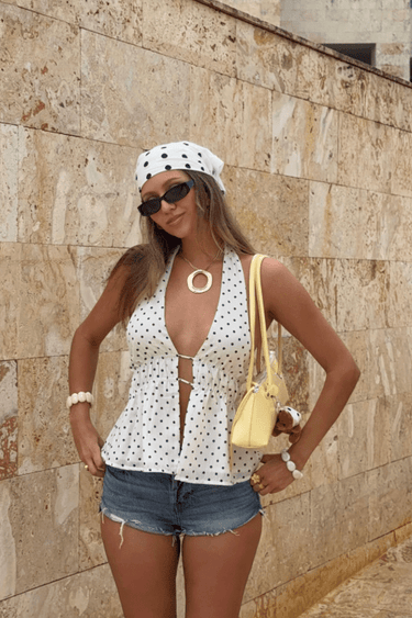 White polka dot halterneck top with scraf - FREYJA GLOBAL - 