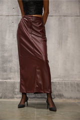 Wine Leather Pencil long Straight Skirt - FREYJA GLOBAL - 