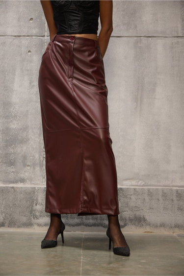 Wine Leather Pencil long Straight Skirt - FREYJA GLOBAL - 