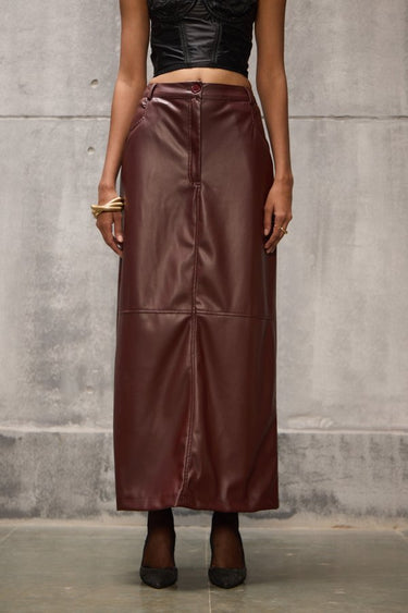 Wine Leather Pencil long Straight Skirt - FREYJA GLOBAL - 