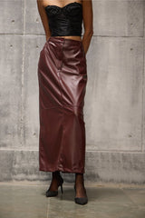 Wine Leather Pencil long Straight Skirt - FREYJA GLOBAL - 
