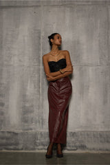 Wine Leather Pencil long Straight Skirt - FREYJA GLOBAL - 