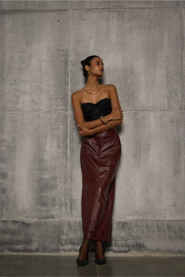Wine Leather Pencil long Straight Skirt - FREYJA GLOBAL - 