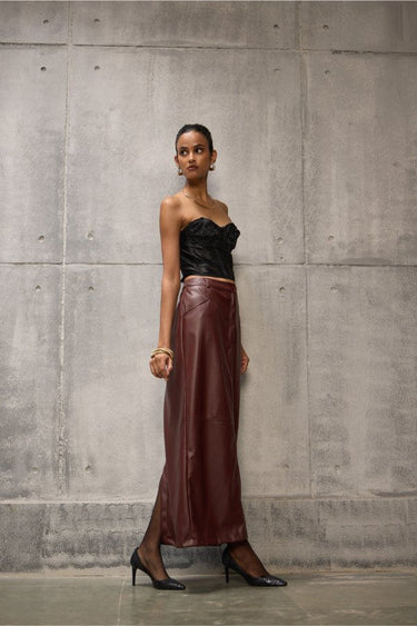 Wine Leather Pencil long Straight Skirt - FREYJA GLOBAL - 